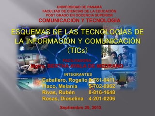 UNIVERSIDAD DE PANAMÁ
       FACULTAD DE CIENCIAS DE LA EDUCACIÓN
         POST GRADO EN DOCENCIA SUPERIOR
      COMUNICACIÓN Y TECNOLOGÍA

ESQUEMAS DE LAS TECNOLOGÍAS DE
 LA INFORMACIÓN Y COMUNICACIÓN
             (TICs)
                FACILITADORA
    Mgtra. BERTHA AYALA DE MEDRANO
                 INTEGRANTES
       Caballero, Rogelio 8-781-0411
       Flaco, Melania     5-702-0962
       Rivas, Rubén       8-816-1648
       Rosas, Dioselina 4-201-0206
               Septiembre 29, 2012
 
