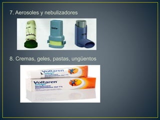 7. Aerosoles y nebulizadores
8. Cremas, geles, pastas, ungüentos
 