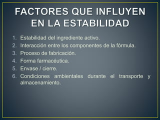 1. Estabilidad del ingrediente activo.
2. Interacción entre los componentes de la fórmula.
3. Proceso de fabricación.
4. Forma farmacéutica.
5. Envase / cierre.
6. Condiciones ambientales durante el transporte y
almacenamiento.
 