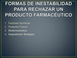 1. Factores Químicos
2. Factores Físicos
3. Biofarmacéutica
4. Degradación Biológica
 