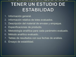 1. Información general.
2. Información relativa de lotes evaluados.
3. Descripción del material de envase y empaque.
4. Especificaciones de producto.
5. Metodología analítica para cada parámetro evaluado.
6. Método analítico evaluado.
7. Tablas de resultados con sus fechas de análisis.
8. Ensayo de estabilidad.
 