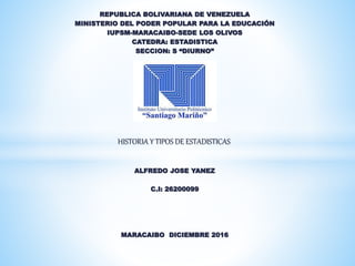 REPUBLICA BOLIVARIANA DE VENEZUELA
MINISTERIO DEL PODER POPULAR PARA LA EDUCACIÓN
IUPSM-MARACAIBO-SEDE LOS OLIVOS
CATEDRA: ESTADISTICA
SECCION: S “DIURNO”
HISTORIA Y TIPOS DE ESTADISTICAS
ALFREDO JOSE YANEZ
C.I: 26200099
MARACAIBO DICIEMBRE 2016
 