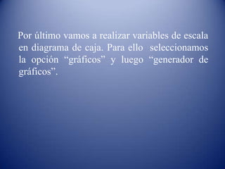 Por último vamos a realizar variables de escala
en diagrama de caja. Para ello seleccionamos
la opción “gráficos” y luego “generador de
gráficos”.
 