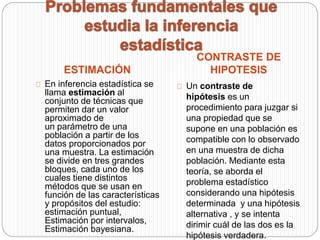 ESTIMACIÓN 
CONTRASTE DE 
HIPOTESIS 
En inferencia estadística se 
llama estimación al 
conjunto de técnicas que 
permiten dar un valor 
aproximado de 
un parámetro de una 
población a partir de los 
datos proporcionados por 
una muestra. La estimación 
se divide en tres grandes 
bloques, cada uno de los 
cuales tiene distintos 
métodos que se usan en 
función de las características 
y propósitos del estudio: 
estimación puntual, 
Estimación por intervalos, 
Estimación bayesiana. 
Un contraste de 
hipótesis es un 
procedimiento para juzgar si 
una propiedad que se 
supone en una población es 
compatible con lo observado 
en una muestra de dicha 
población. Mediante esta 
teoría, se aborda el 
problema estadístico 
considerando una hipótesis 
determinada y una hipótesis 
alternativa , y se intenta 
dirimir cuál de las dos es la 
hipótesis verdadera. 
 