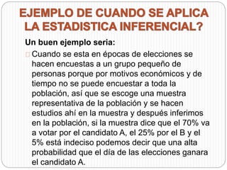 Un buen ejemplo seria: 
Cuando se esta en épocas de elecciones se 
hacen encuestas a un grupo pequeño de 
personas porque por motivos económicos y de 
tiempo no se puede encuestar a toda la 
población, así que se escoge una muestra 
representativa de la población y se hacen 
estudios ahí en la muestra y después inferimos 
en la población, si la muestra dice que el 70% va 
a votar por el candidato A, el 25% por el B y el 
5% está indeciso podemos decir que una alta 
probabilidad que el día de las elecciones ganara 
el candidato A. 
