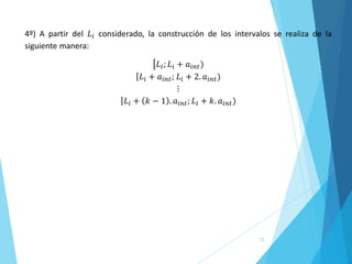 72
4º) A partir del 𝐿𝑖 considerado, la construcción de los intervalos se realiza de la
siguiente manera:
ൣ𝐿𝑖; 𝐿𝑖 + 𝑎𝑖𝑛𝑡)
ሾ𝐿𝑖 + 𝑎𝑖𝑛𝑡; 𝐿𝑖 + 2. 𝑎𝑖𝑛𝑡)
⋮
ሾ𝐿𝑖 + 𝑘 − 1 . 𝑎𝑖𝑛𝑡; 𝐿𝑖 + 𝑘. 𝑎𝑖𝑛𝑡)
 