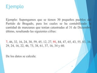 Ejemplo
Ejemplo: Supongamos que se tienen 30 pequeños pueblos del
Partido de Bragado, para los cuales se ha contabilizado la
cantidad de manzanas que tenían catastradas al 31 de Diciembre
último, resultando las siguientes cifras:
7, 46, 32, 16, 24, 38, 59, 45, 12, 27, 91, 84, 47, 65, 43, 55, 83, 34,
29, 24, 16, 22, 46, 73, 38, 61, 37, 16, 34 y 60.
De los datos se calcula:
94
 
