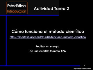 Introducción
4
Cómo funciona el método científico
http://hipertextual.com/2015/06/funciona-metodo-cientifico
Realizar un ensayo
de una cuartilla formato APA
Actividad Tarea 2
Ing Antolín Robles Garay
 