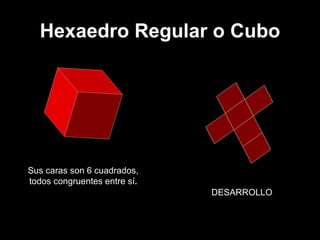 Hexaedro Regular o Cubo




Sus caras son 6 cuadrados,
todos congruentes entre sí.
                              DESARROLLO
 