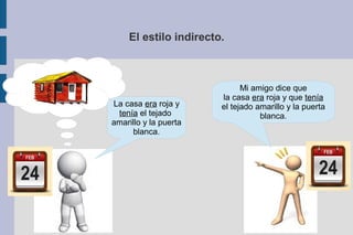 El estilo indirecto.
La casa era roja y
tenía el tejado
amarillo y la puerta
blanca.
Mi amigo dice que
la casa era roja y que tenía
el tejado amarillo y la puerta
blanca.
 