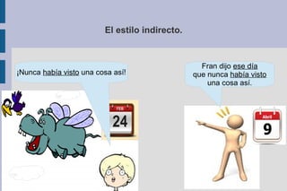 El estilo indirecto.
Fran dijo ese día
que nunca había visto
una cosa así.
¡Nunca había visto una cosa así!
 