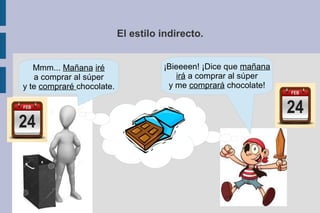 El estilo indirecto.
Mmm... Mañana iré
a comprar al súper
y te compraré chocolate.
¡Bieeeen! ¡Dice que mañana
irá a comprar al súper
y me comprará chocolate!
 