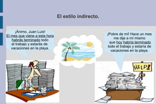 El estilo indirecto.
¡Ánimo, Juan Luis!
El mes que viene a esta hora
habrás terminado todo
el trabajo y estarás de
vacaciones en la playa.
¡Pobre de mí! Hace un mes
me dije a mí mismo
que hoy habría terminado
todo el trabajo y estaría de
vacaciones en la playa.
 