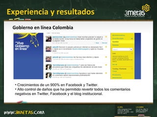 Experiencia y resultados Gobierno en línea Colombia Crecimientos de un 900% en Facebook y Twitter. Alto control de daños que ha permitido revertir todos los comentarios negativos en Twitter, Facebook y el blog institucional. 