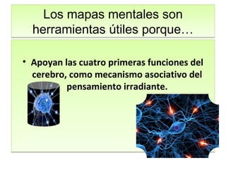 Los mapas mentales son
  herramientas útiles porque…

• Apoyan las cuatro primeras funciones del
  cerebro, como mecanismo asociativo del
          pensamiento irradiante.
 