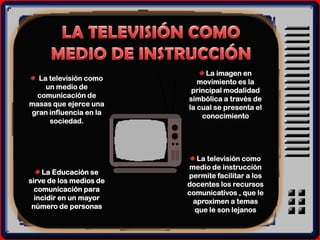 La imagen en
  La televisión como        movimiento es la
    un medio de           principal modalidad
 comunicación de         simbólica a través de
masas que ejerce una     la cual se presenta el
gran influencia en la        conocimiento
     sociedad.




                           La televisión como
                         medio de instrucción
    La Educación se      permite facilitar a los
sirve de los medios de   docentes los recursos
  comunicación para      comunicativos , que le
  incidir en un mayor     aproximen a temas
 número de personas        que le son lejanos
 
