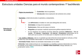Estructura unidades Ciencias para el mundo contemporáneo 1º bachillerato


                                                 • Contenidos: lista de apartados.
                 • Página de presentación:
                                                 • Introducción: breve explicación del contenido de la unidad.


                 • Apartados: unidad estructurada en apartados y subapartados.


                              •     Las definiciones se resaltan en color para distinguirlas de la teoría.
                              •     Actividades a lo largo de la exposición.
                              •     Ilustraciones y fotos que dan apoyo a la teoría.
 Estructura de
                              •     Infografías que expresan mediante exposiciones gráficas aspectos teóricos.
 las unidades
                              •     En los márgenes nos podemos encontrar diferentes apartados (Reflexiona – Ten en
                                    cuenta – Te interesa – Importante – En Internet - Vocabulario) relacionados con la
                                    teoría pero que se ponen en los lados para no dispersar la atención del alumno.

                 • Lee, analiza y reflexiona, este es un apartado que está al final de la teoría basado en artículos, al final
                 de estos hay unas actividades relacionadas con el tema tratado en estos artículos.
                 • Actividades finales. Batería de actividades relacionadas con la unidad.
                 • Entrevista. Cada unidad concluye con una entrevista a un científico o persona relacionada con el tema.
                 Por ejemplo, en la unidad 5 la entrevista es a PIERRE-YVES COUSTEAU, biólogo dedicado a la
                 conservación marina. (VER)
 