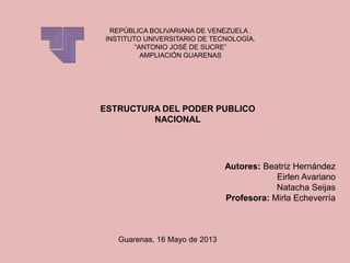 REPÚBLICA BOLIVARIANA DE VENEZUELA .
INSTITUTO UNIVERSITARIO DE TECNOLOGÍA.
“ANTONIO JOSÉ DE SUCRE”
AMPLIACIÓN GUARENAS
ESTRUCTURA DEL PODER PUBLICO
NACIONAL
Autores: Beatriz Hernández
Eirlen Avariano
Natacha Seijas
Profesora: Mirla Echeverría
Guarenas, 16 Mayo de 2013
 