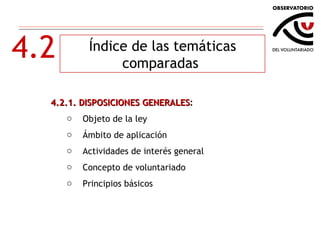4.2 Índice de las temáticas comparadas  4.2.1. DISPOSICIONES GENERALES :  Objeto de la ley Ámbito de aplicación Actividades de interés general Concepto de voluntariado  Principios básicos 