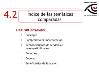 4.2 Índice de las temáticas comparadas  4.2.2. VOLUNTARIADO:  Concepto Compromiso de incorporación Reconocimiento de servicios e incompatibilidades Derechos  Deberes  Beneficiarios de la acción. 
