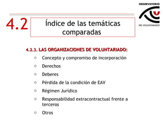 4.2 Índice de las temáticas comparadas  4.2.3.  LAS ORGANIZACIONES DE VOLUNTARIADO: Concepto y compromiso de incorporación Derechos Deberes Pérdida de la condición de EAV Régimen Jurídico Responsabilidad extracontractual frente a terceros Otros 