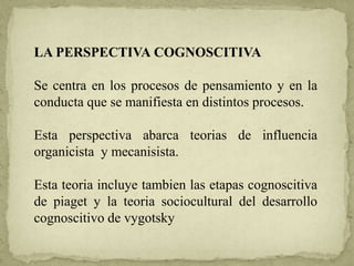 LA PERSPECTIVA COGNOSCITIVA
Se centra en los procesos de pensamiento y en la
conducta que se manifiesta en distintos procesos.
Esta perspectiva abarca teorias de influencia
organicista y mecanisista.
Esta teoria incluye tambien las etapas cognoscitiva
de piaget y la teoria sociocultural del desarrollo
cognoscitivo de vygotsky
 