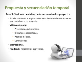 Propuesta y secuenciación temporal
Fase 3: Sesiones de videoconferencia sobre los proyectos
• A cada alumno se le asignarán dos estudiantes de los otros centros
que participan en el proyecto.
• Videoconferencia:
• Presentación del proyecto.
• Dificultades presentadas.
• Posibles mejoras.
• Conclusiones.
• Bidireccional.
• Feedback: mejorar los proyectos.
 