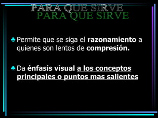 Permite que se siga el  razonamiento  a quienes son lentos de  compresión. Da   énfasis visual   a los conceptos   principales o puntos mas salientes PARA QUE SIRVE 