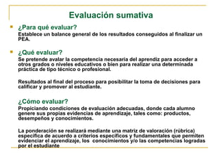 Evaluación sumativa
 ¿Para qué evaluar?
Establece un balance general de los resultados conseguidos al finalizar un
PEA.
 ¿Qué evaluar?
Se pretende avalar la competencia necesaria del aprendiz para acceder a
otros grados o niveles educativos o bien para realizar una determinada
práctica de tipo técnico o profesional.
Resultados al final del proceso para posibilitar la toma de decisiones para
calificar y promover al estudiante.
¿Cómo evaluar?
Propiciando condiciones de evaluación adecuadas, donde cada alumno
genere sus propias evidencias de aprendizaje, tales como: productos,
desempeños y conocimientos.
La ponderación se realizará mediante una matriz de valoración (rúbrica)
específica de acuerdo a criterios específicos y fundamentales que permiten
evidenciar el aprendizaje, los conocimientos y/o las competencias logradas
por el estudiante
 
