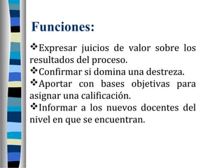 Funciones:
Expresar juicios de valor sobre los
resultados del proceso.
Confirmar si domina una destreza.
Aportar con bases objetivas para
asignar una calificación.
Informar a los nuevos docentes del
nivel en que se encuentran.
 