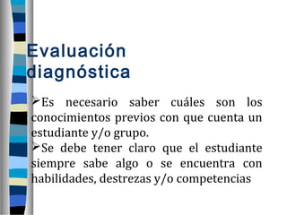 Evaluación
diagnóstica
Es necesario saber cuáles son los
conocimientos previos con que cuenta un
estudiante y/o grupo.
Se debe tener claro que el estudiante
siempre sabe algo o se encuentra con
habilidades, destrezas y/o competencias
 