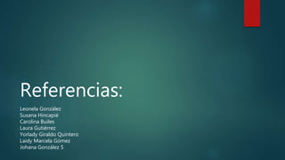 Referencias:
Leonela González
Susana Hincapié
Carolina Builes
Laura Gutiérrez
Yorlady Giraldo Quintero
Laidy Marcela Gómez
Johana González S
 