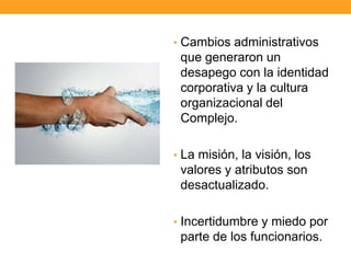 • Cambios administrativos
que generaron un
desapego con la identidad
corporativa y la cultura
organizacional del
Complejo.
• La misión, la visión, los
valores y atributos son
desactualizado.
• Incertidumbre y miedo por
parte de los funcionarios.
 