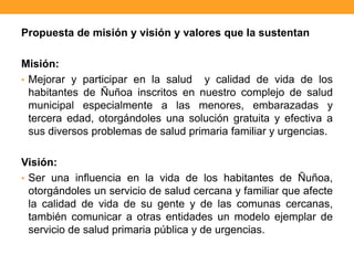 Propuesta de misión y visión y valores que la sustentan
Misión:
• Mejorar y participar en la salud y calidad de vida de los
habitantes de Ñuñoa inscritos en nuestro complejo de salud
municipal especialmente a las menores, embarazadas y
tercera edad, otorgándoles una solución gratuita y efectiva a
sus diversos problemas de salud primaria familiar y urgencias.
Visión:
• Ser una influencia en la vida de los habitantes de Ñuñoa,
otorgándoles un servicio de salud cercana y familiar que afecte
la calidad de vida de su gente y de las comunas cercanas,
también comunicar a otras entidades un modelo ejemplar de
servicio de salud primaria pública y de urgencias.
 