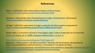 Referencias
Anton, C (2021)Wiley online library Natural history of Homo erectus
https://onlinelibrary.wiley.com/doi/full/10.1002/ajpa.10399
Montano, J (2021)Lifeder Homo Neanderthalensis: Origen, Características, Alimentación
https://www.lifeder.com/homo-neanderthalensis/
Stringer, C.(2021)The royal society El origen y evolución del Homo sapiens recuperado de
https://royalsocietypublishing.org/doi/full/10.1098/rstb.2015.0237
Gomez Valle, D. Currículum nacional en línea [página web]. Cuadro comparativo de los hominidos.
Betancourt Suárez, M. Á. (2008). Evolución. Editorial Alfil, S. A. de C. V.
https://elibro.net/es/ereader/biblioibero/73455?page=195
Redacción. ( Última edición:7 de febrero del 2021). Definición de Hominización. Recuperado de:
https://conceptodefinicion.de/hominizacion/. Consultado el 1 de agosto del 2021
https://www.curriculumnacional.cl/portal/Educacion-General/Historia-Geografia-y-Ciencias-Sociales-7-
basico/HI07-OA-01/31911:Cuadro-comparativo-de-los-hominidos
 