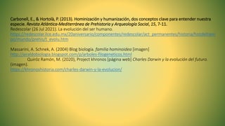 Carbonell, E., & Hortolà, P. (2013). Hominización y humanización, dos conceptos clave para entender nuestra
especie. Revista Atlántica-Mediterránea de Prehistoria y Arqueología Social, 15, 7-11.
Redescolar (26 Jul 2021). La evolución del ser humano.
https://redescolar.ilce.edu.mx/20aniversario/componentes/redescolar/act_permanentes/historia/histdeltiem
po/mundo/prehis/t_evolu.htm
Massarini, A. Schnek, A. (2004) Blog biología. familia hominoidea [imagen]
http://airaldobiologia.blogspot.com/p/arboles-filogeneticos.html
Quiróz Ramón, M. (2020), Project khronos [página web] Charles Darwin y la evolución del futuro.
(imagen).
https://khronoshistoria.com/charles-darwin-y-la-evolucion/
 