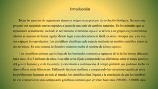 Introducción
Todas las especies de organismos tienen su origen en un proceso de evolución biológica. Durante este
proceso van surgiendo nuevas especies a causa de una serie de cambios naturales. En los animales que se
reproducen sexualmente, incluido el ser humano, el término especie se refiere a un grupos cuyos miembros
adultos se aparean de forma regular dando lugar a una descendencia fértil, es decir, vástagos que, a su vez,
son capaces de reproducirse. Los científicos clasifican cada especie mediante un nombre científico único de
dos términos. En este sistema del hombre moderno recibe el nombre de Homo sapiens.
Los científicos estiman que la línea de los homínidos comenzó a separarse de la de los simios africanos
hace unos 10 o 5 millones de años. Esta cifra se ha fijado comparando las diferencias entre el mapa genético
del genero humano y el de los simios, y calculando a continuación el tiempo probable que pudieron tardar en
desarrollarse estas diferencias. Utilizando técnicas similares y comparando las variaciones genéticas entre
las poblaciones humanas en todo el mundo, los científicos han llegado a la conclusión de que los hombres
tal vez compartieron unos antepasados genéticos comunes que vivieron hace unos 290.000 - 130.000 años.
 