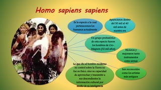 Homo sapiens sapiens
Es la especie a la cual
pertenecemos los
humanos actualmente
Aparecieron dentro
del 50 mil al 40
mil antes de
nuestra era
Un grupo prehistórico
de esta especie fueron
los hombres de Cro-
Magnon (32 mil años) Hicieron y
mejoraron tanto
instrumentos
como armas
Son reconocidos
como los artistas
más antiguos
Lo que dio al hombre moderno
su control sobre la Tierra no
fue su físico, sino su capacidad
de aprovechar y transmitir a
sus descendientes la
información cultural por
medio de su inteligencia
Recuperado de: shorturl.at/irNZ9
 