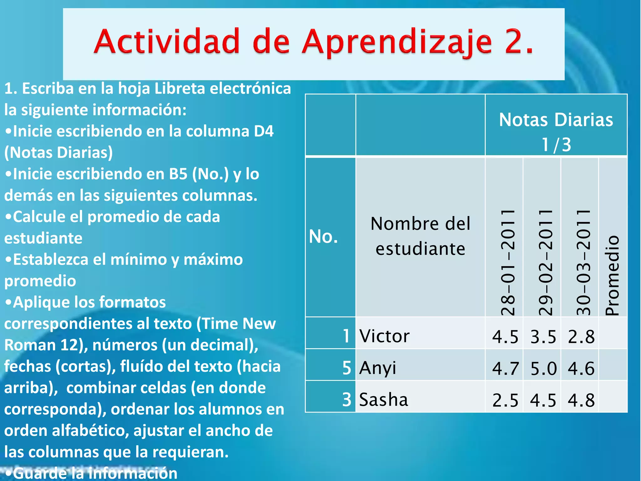 1. Escriba en la hoja Libreta electrónica
la siguiente información:
                                                                Notas Diarias
•Inicie escribiendo en la columna D4
(Notas Diarias)                                                     1/3
•Inicie escribiendo en B5 (No.) y lo
demás en las siguientes columnas.




                                                               28-01-2011

                                                                            29-02-2011

                                                                                         30-03-2011
•Calcule el promedio de cada                     Nombre del
estudiante                                No.




                                                                                                      Promedio
                                                  estudiante
•Establezca el mínimo y máximo
promedio
•Aplique los formatos
correspondientes al texto (Time New
Roman 12), números (un decimal),              1 Victor         4.5 3.5 2.8
fechas (cortas), fluído del texto (hacia      5 Anyi           4.7 5.0 4.6
arriba), combinar celdas (en donde
corresponda), ordenar los alumnos en          3 Sasha          2.5 4.5 4.8
orden alfabético, ajustar el ancho de
las columnas que la requieran.
•Guarde la información
 