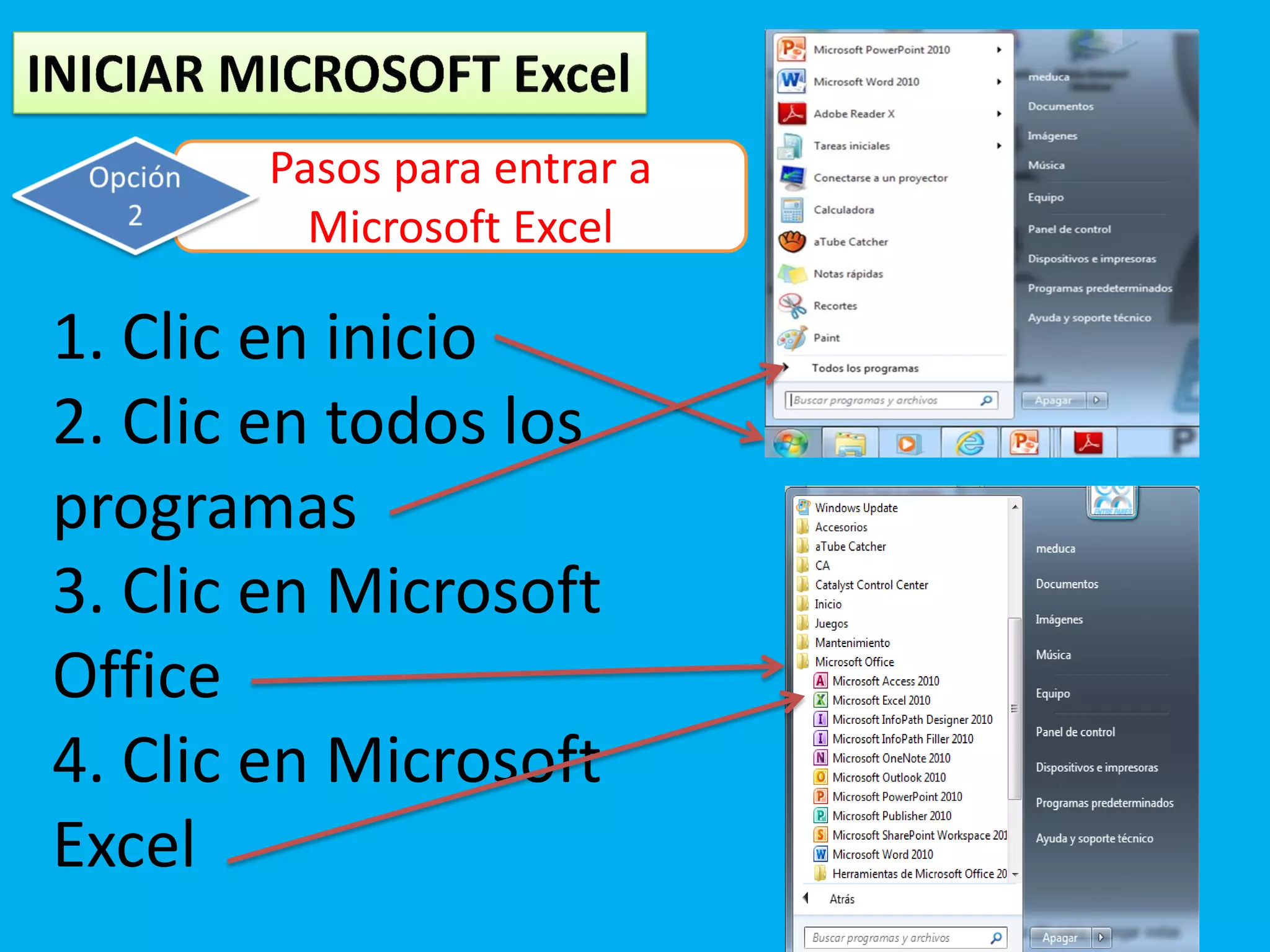 Pasos para entrar a
         Microsoft Excel

1. Clic en inicio
2. Clic en todos los
programas
3. Clic en Microsoft
Office
4. Clic en Microsoft
Excel
                             8
 