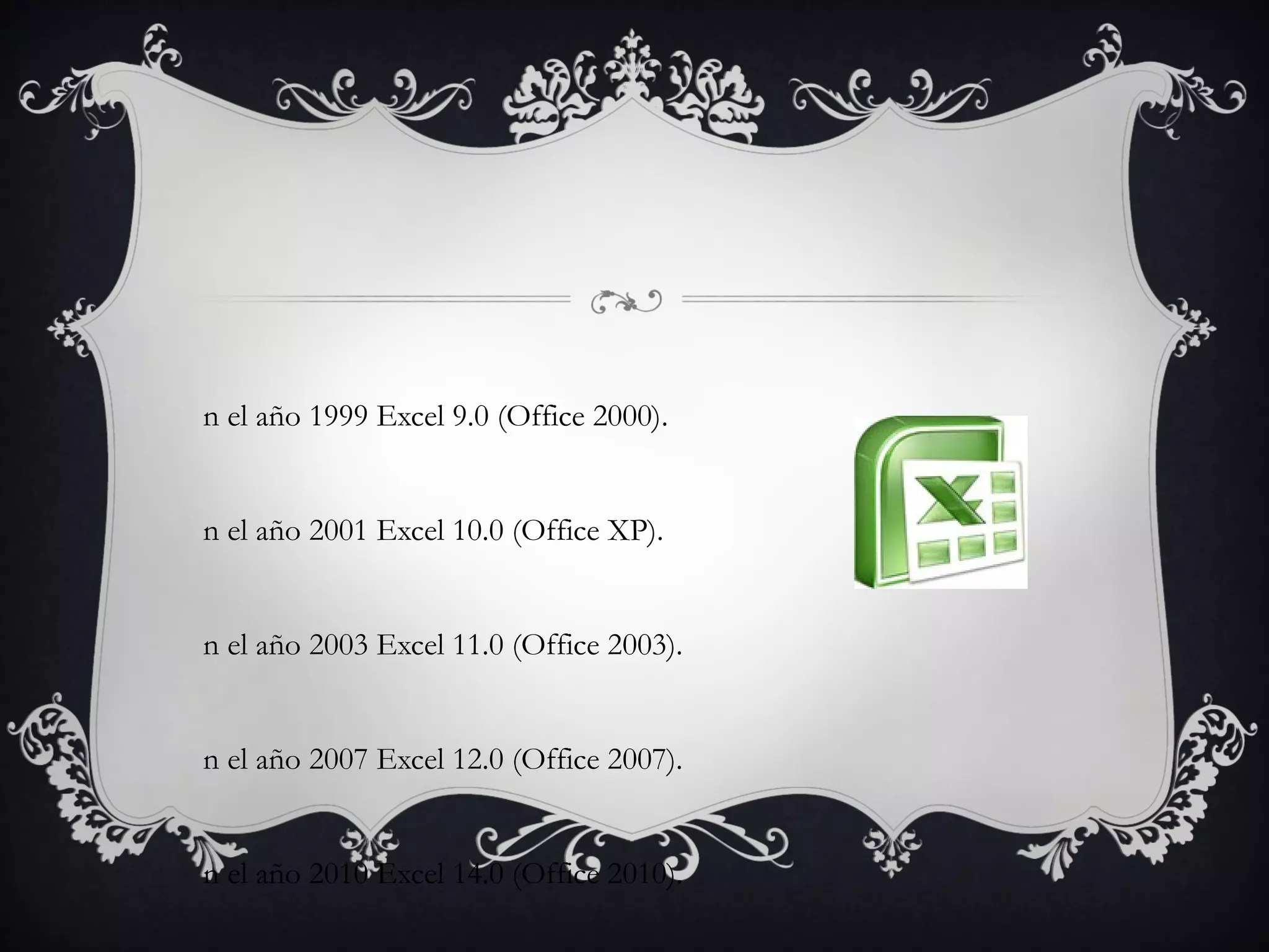 n el año 1999 Excel 9.0 (Office 2000).


n el año 2001 Excel 10.0 (Office XP).


n el año 2003 Excel 11.0 (Office 2003).


n el año 2007 Excel 12.0 (Office 2007).


n el año 2010 Excel 14.0 (Office 2010).
 