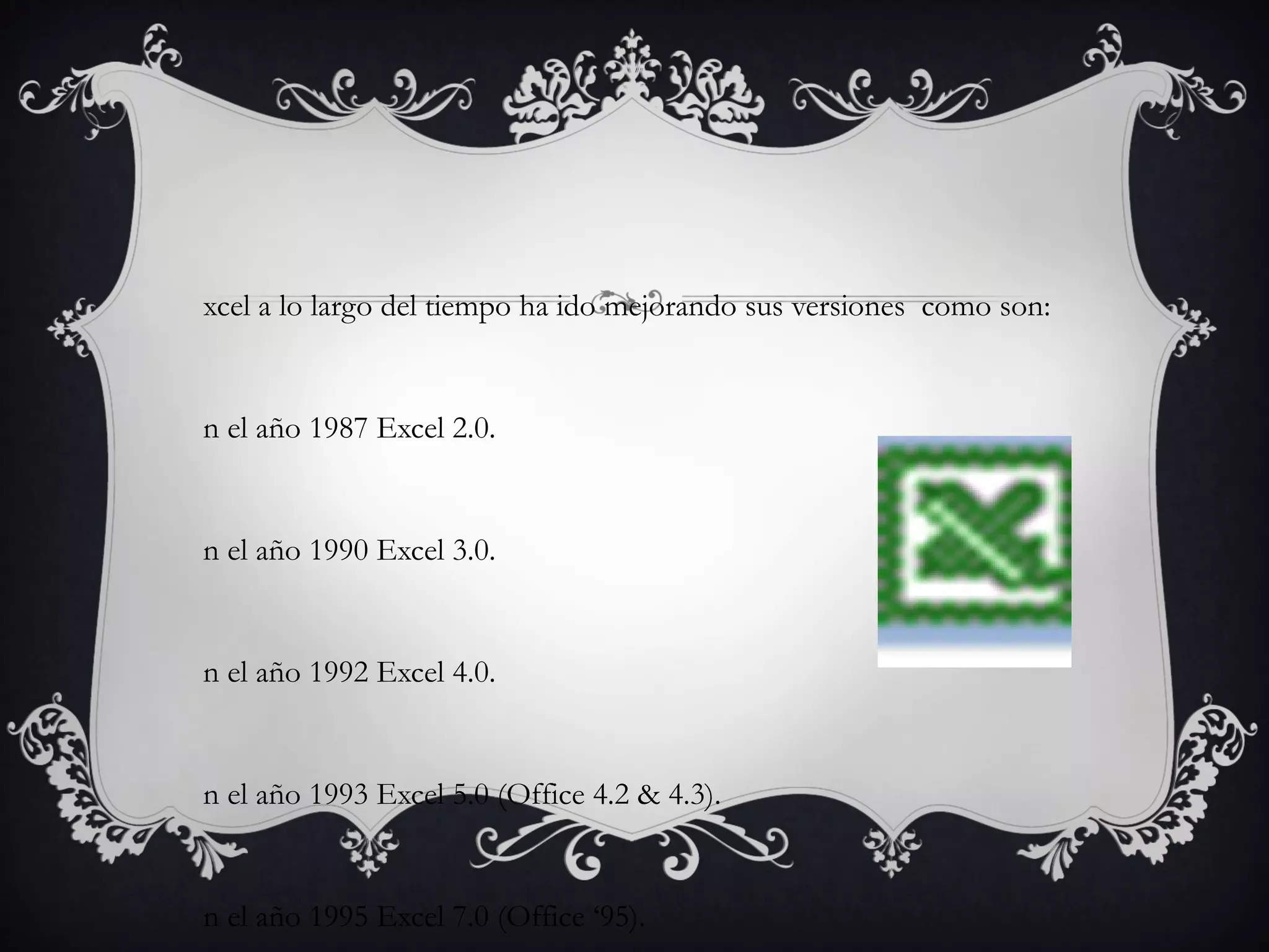 xcel a lo largo del tiempo ha ido mejorando sus versiones como son:


n el año 1987 Excel 2.0.


n el año 1990 Excel 3.0.


n el año 1992 Excel 4.0.


n el año 1993 Excel 5.0 (Office 4.2 & 4.3).


n el año 1995 Excel 7.0 (Office ‘95).
 