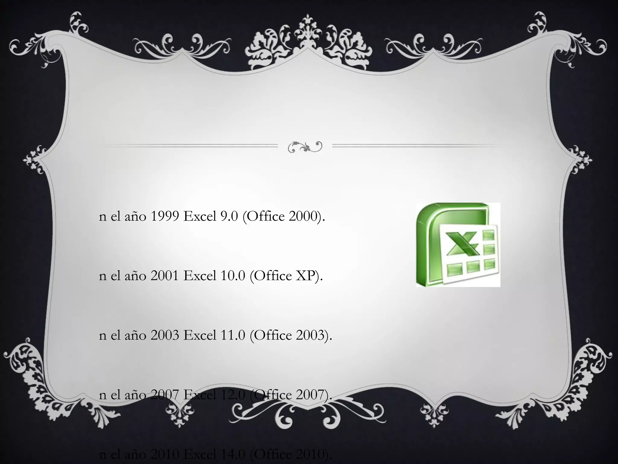 n el año 1999 Excel 9.0 (Office 2000).


n el año 2001 Excel 10.0 (Office XP).


n el año 2003 Excel 11.0 (Office 2003).


n el año 2007 Excel 12.0 (Office 2007).


n el año 2010 Excel 14.0 (Office 2010).
 