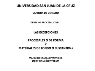 UNIVERSIDAD SAN JUAN DE LA CRUZ
CARRERA DE DERECHO

DERECHO PROCESAL CIVIL I

LAS EXCEPCIONES
PROCESALES O DE FORMA
Y
MATERIALES DE FONDO O SUSTANTIVAS
MARBETH CASTILLO VALVERDE
JERRY GONZÁLEZ TREJOS

 