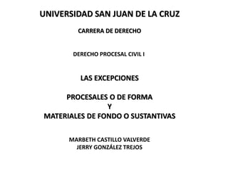 UNIVERSIDAD SAN JUAN DE LA CRUZ
CARRERA DE DERECHO
DERECHO PROCESAL CIVIL I
LAS EXCEPCIONES
PROCESALES O DE FORMA
Y
MATERIALES DE FONDO O SUSTANTIVAS
MARBETH CASTILLO VALVERDE
JERRY GONZÁLEZ TREJOS
 