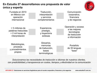 Fundada en 2010
en México con
operación
internacional
Comunicación
corporativa,
financiera
y de negocios
Traducción,
interpretación
y servicios
complementarios
Operación y acceso
a las mejores
tecnologías
de traducción
e información
Experiencia,
prestigio,
y trayectoria
exitosas
Metodologías,
procesos
y procedimientos
propios
+ 5 millones de
palabras traducidas
+ 2 mil horas de
interpretación
Glosarios,
memorias
de traducción,
bases
terminológicas
Portafolio
de 35 lenguas
“base”
Solucionamos las necesidades de traducción e idiomas de nuestros clientes,
con predictibilidad y transparencia en costos, tiempos y efectividad en la comunicación
En Estudio 27 desarrollamos una propuesta de valor
única y experta
ESTUDIO 27: Soluciones en servicios lingüísticos para el mundo corporativo, financiero y de negocios www.estudio27.com.mx
 