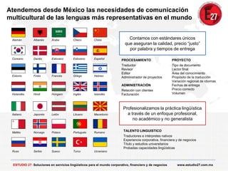 PROYECTO
Tipo de documento
Lector final
Área del conocimiento
Propósito de la traducción
Variación regional de idiomas
Fechas de entrega
Precio correcto
Volumen
PROCESAMIENTO
Traductor
Revisor
Editor
Administrador de proyectos
ADMINISTRACIÓN
Relación con clientes
Facturación
Atendemos desde México las necesidades de comunicación
multicultural de las lenguas más representativas en el mundo
Contamos con estándares únicos
que aseguran la calidad, precio “justo”
por palabra y tiempos de entrega
Alemán Albanés Árabe Checo Chino
Coreano Danés Eslovaco Esloveno Español
Estonio Finés Francés Griego Hebreo
Holandés Hindi Húngaro Inglés Islandés
Italiano Japonés Letón Lituano Macedonio
Maltés Noruego Polaco Portugués Rumano
Ruso Serbio Sueco Turco Ucraniano
Profesionalizamos la práctica lingüística
a través de un enfoque profesional,
no académico y no generalista
TALENTO LINGUISTICO
Traductores e intérpretes nativos
Experiencia corporativa, financiera y de negocios
Título y estudios universitarios
Probadas capacidades lingüísticas
ESTUDIO 27: Soluciones en servicios lingüísticos para el mundo corporativo, financiero y de negocios www.estudio27.com.mx
 