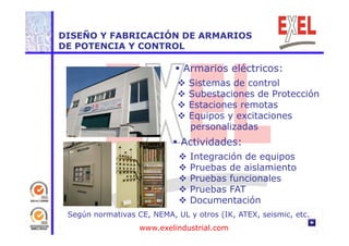 DISEÑO Y FABRICACIÓN DE ARMARIOS 
DE POTENCIA Y CONTROL 
 Armarios eléctricos: 
 Sistemas de control 
 Subestaciones de Protección 
 Estaciones remotas 
 Equipos y excitaciones 
l d 
personalizadas 
 Actividades: 
 Integración de equipos 
 Pruebas de aislamiento 
 Pruebas funcionales 
 Pruebas FAT 
 Documentación 
Según normativas CE, NEMA, UL y otros (IK, ATEX, seismic, etc. 
www.exelindustrial.com 
 