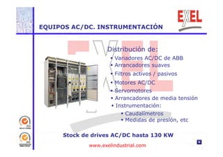 EQUIPOS AC/DC. INSTRUMENTACIÓN 
Distribución de: 
 Variadores / 
AC/DC de ABB 
 Arrancadores suaves 
 Filtros activos / pasivos 
 Motores AC/DC 
 Servomotores 
 Arrancadores de media tensión 
 Instrumentación: 
 Caudalímetros 
 Medidas de presión, etc 
Stock de drives AC/DC hasta 130 KW 
www.exelindustrial.com 
 