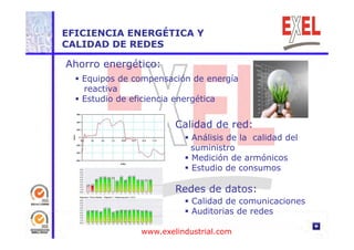 EFICIENCIA ENERGÉTICA Y 
CALIDAD DE REDES 
Ahorro energético: 
 Equipos de compensación de energía 
reactiva 
 E t di Estudio d de fi i i eficiencia éti 
energética 
Calidad de red: 
 Análisis de la calidad del 
suministro 
 Medición de armónicos 
 Estudio de consumos 
Redes de datos: 
 Calidad de comunicaciones 
 Auditorias de redes 
www.exelindustrial.com 
 